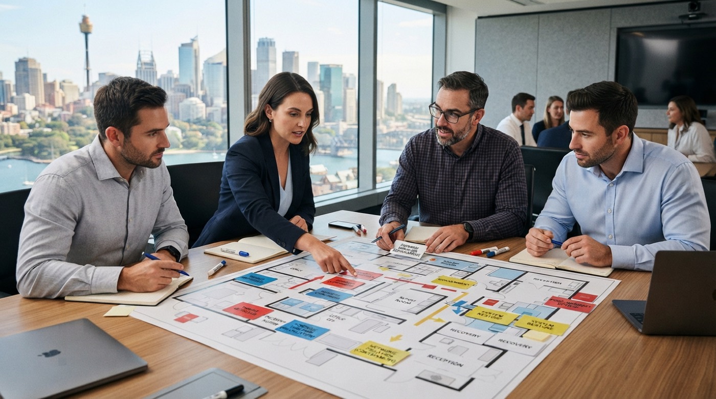 A team works through a response plan on a boardroom table, Sydney skyline behind them