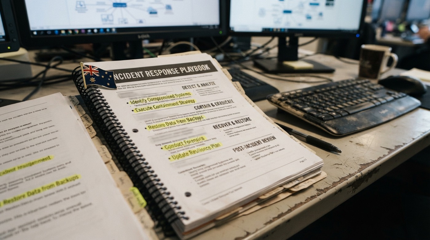 A printed incident response playbook, tabbed and highlighted, on a working desk
