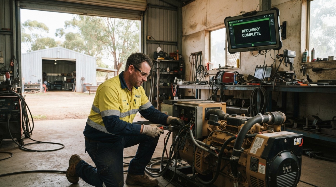 A technician restarts workshop equipment beside a screen reading Recovery Complete