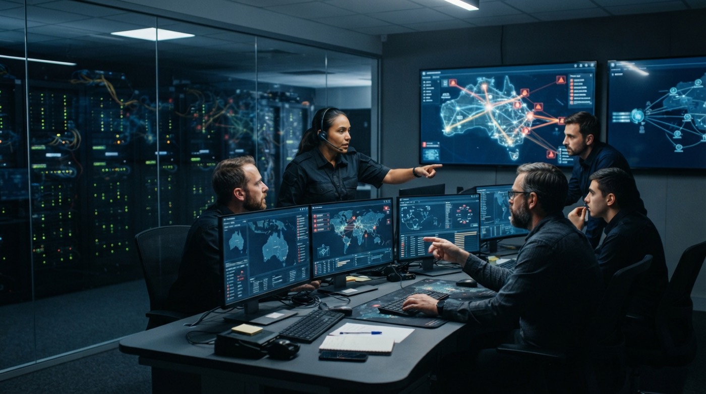 A security operations team tracking an active incident across wall screens